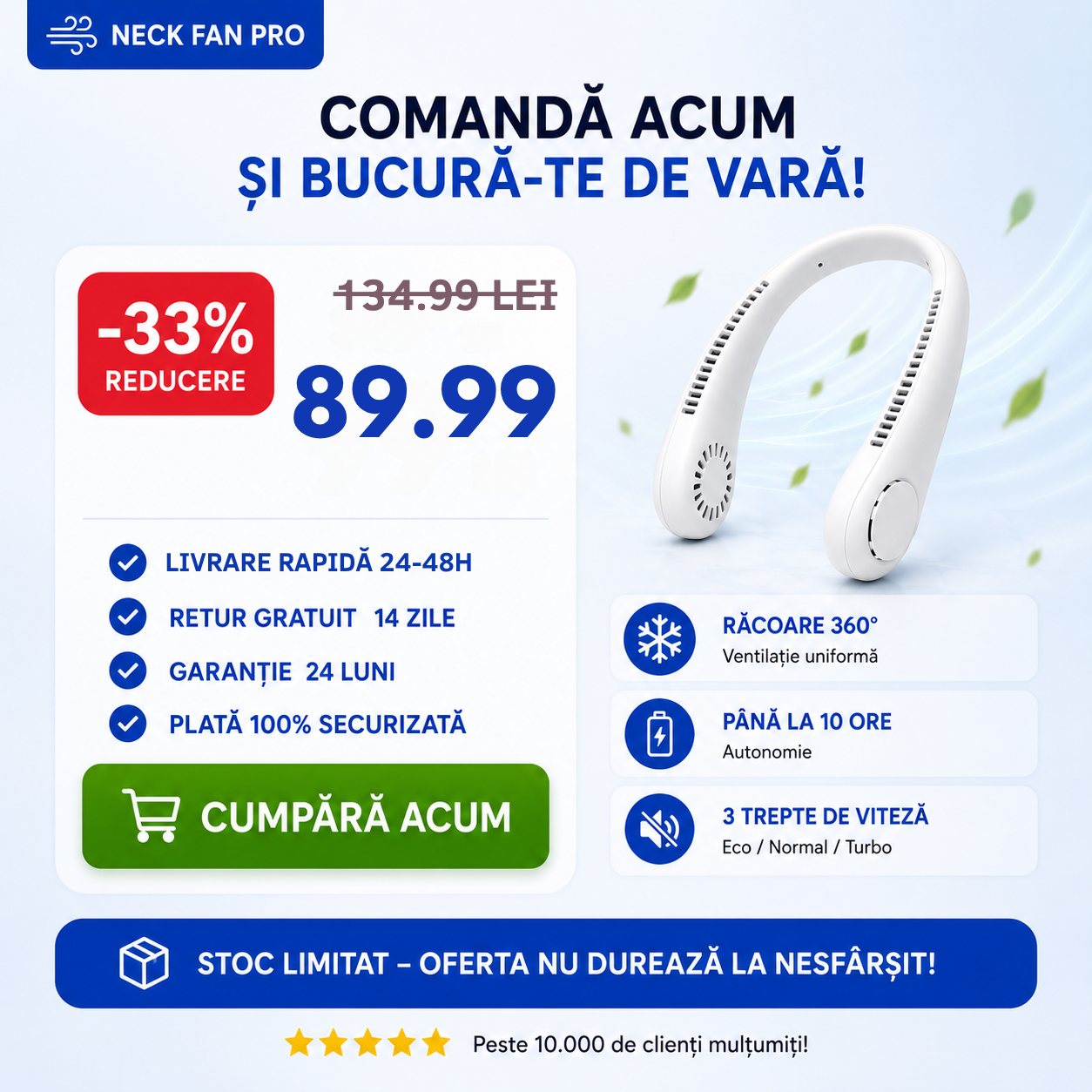 Ventilator Reîncărcabil pentru Gât