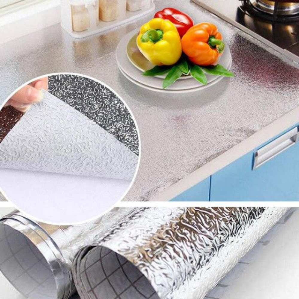 Autocolant Bucătărie Efect Aluminiu. Protecție Anti-Ulei și Umiditate