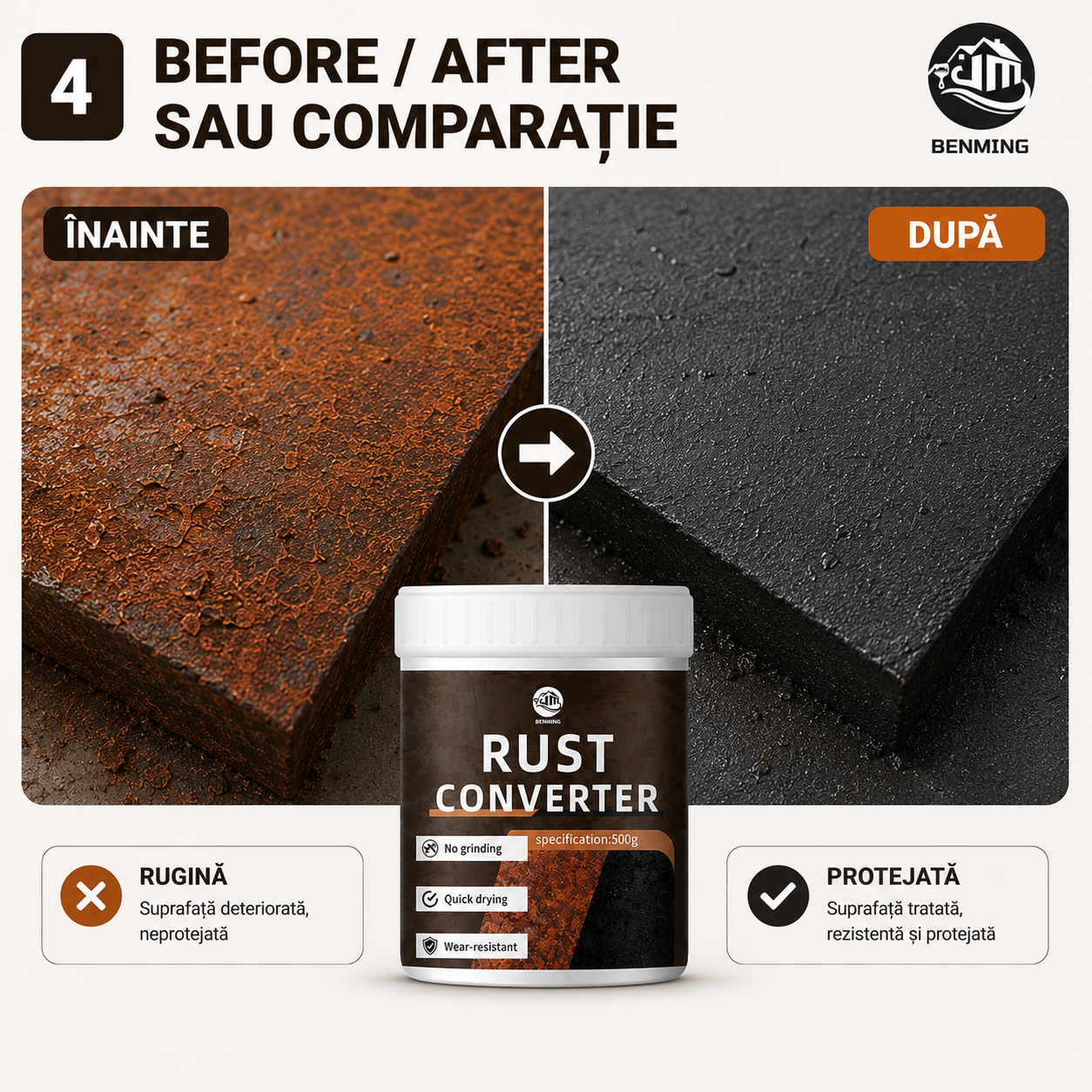 Soluție Antirugină, Fără Șlefuire, Protecție de Lungă Durată (500 g)