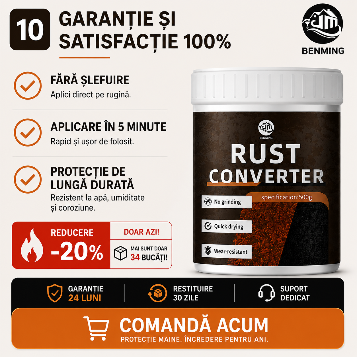 Soluție Antirugină, Fără Șlefuire, Protecție de Lungă Durată (500 g)