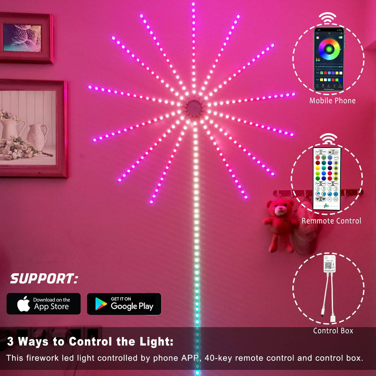 Instalatie LED colorata, tip artificii, cu 3 moduri de lumini si 100 moduri energice